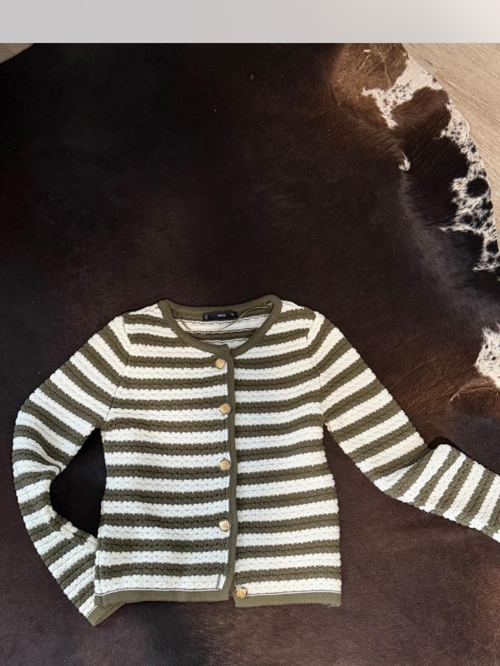 Mango Striped Olive & Cream Knit Cardigan Sweater